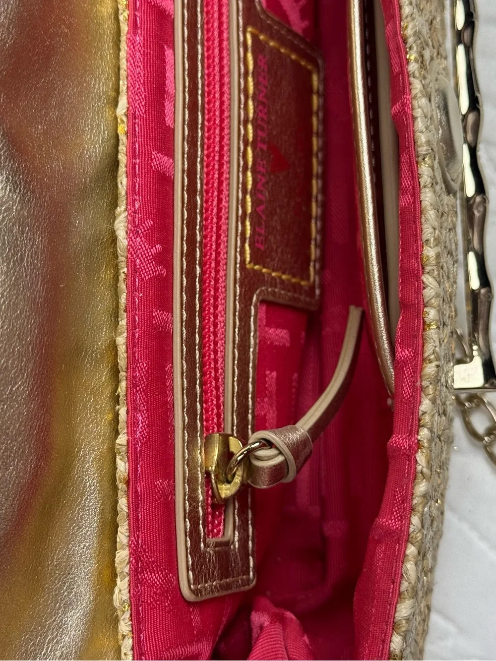 Elaine Turner Convertible Clutch Bag Woven Metallic Raffia Bamboo Accent